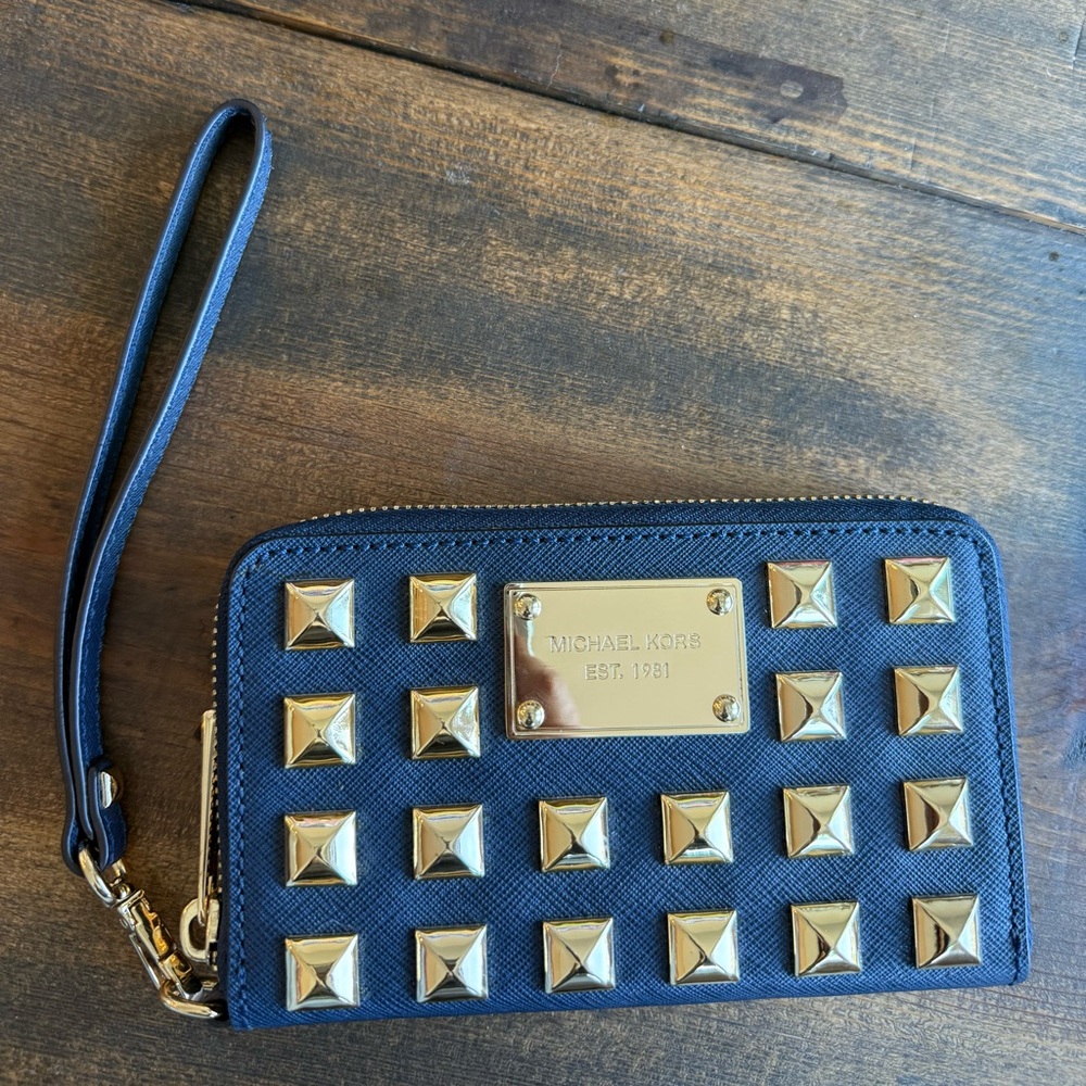 Michael Kors Navy Blue and Gold Studded Wristlet